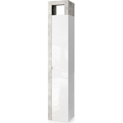 Armadio 1 porta 5 ripiani, collezione BURA. Colori bianco lucido laccato e grigio effetto cemento