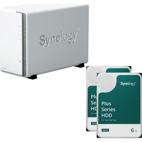 Carcasa de servidor NAS de 2 bahías Synology DiskStation DS223J + 2 discos duros SATA HDD Synology Plus de 3,5" de 6 TB (12