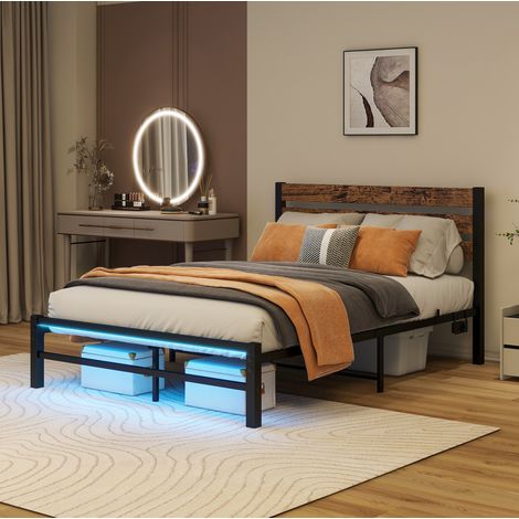 Lit industriel métal et MDF brun antique 120x200 cm avec tête de lit effet bois, LED RGB et port USB (1/5)