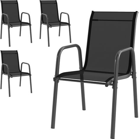 Set mit 4 stapelbaren Gartenstühlen mit Armlehnen, hoher Rückenlehne, schwarz, für den Außenbereich