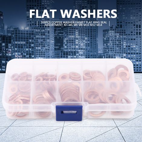 Kit d'assortiment 200 pièces rondelles plates en cuivre joint étanchéité pour bouchons carter eau carburant hydraulique M5 M6 M8 M10 M12 M14 (1/5)