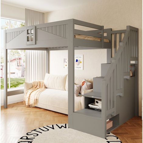 Cama alta 140x200 cm con almacenamiento, escalera reversible, ahorro de espacio, estructura de madera para dormitorio - gris (1/5)