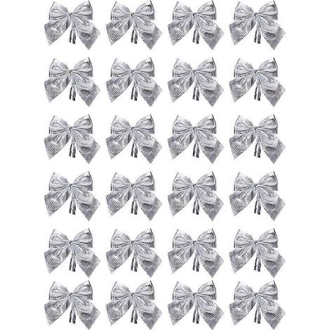 60 pièces de décorations exquises en tissu floqué en forme de nœud papillon pour sapin de Noël, décor de scène de Noël-Silver