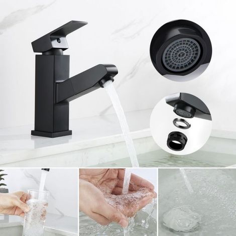 Robinet mitigeur de lavabo salle de bain noir extractible, 2 types de jet, en acier inoxydable, fixation murale, pour salle de bain (1/4)
