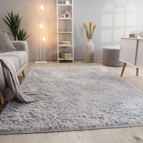 Paco Home Hochflor Teppich Wohnzimmer Fellteppich Kunstfell Shaggy Flauschig Grau Silber 60x100 cm