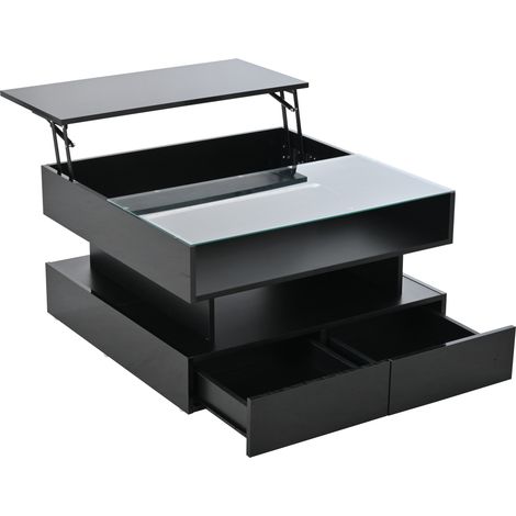 Tavolino da caffè elevabile 80 x 80 x 45 cm nero con 2 cassetti e LED (1/5)