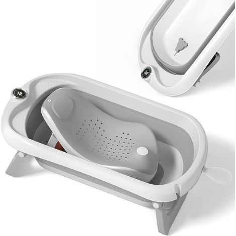 Baignoire Bébé Pliable - 1 Unité - Gris Feuille - Avec Transat Et Thermomètre - De La Naissance À 3 Ans (1/5)