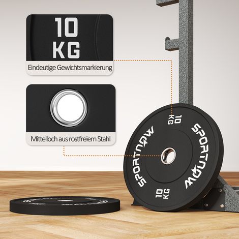 Set de 2 poids d'haltères, 2 x 10 kg disques de musculation, plaques de charge pour barre Ø 50 mm, alésage 5 cm, noir, pack double pour entraînement. (1/5)