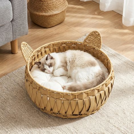 Panier pour chat en rotin, niche avec coussin amovible, pour chats jusqu'à 10 kg, 50 x 50 x 25 cm, marron clair (1/5)