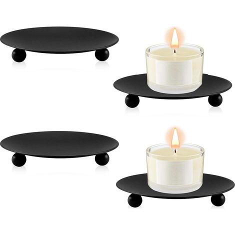 4PCS Bougeoir Noir Fer Forgé, Candélabre Rétro Métal avec Plateau Vintage, Support Bougie Rond pour Décoration Mariage Dîner Aux Chandelles Priez Cônes d'Encens