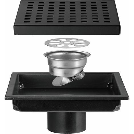 Siphon de sol de douche carré avec couvercle de grille amovible, acier inoxydable SUS 304, noir (1/5)