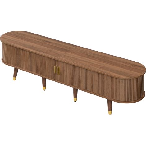 TV-Möbel 175 cm aus MDF in Walnussoptik mit Rattan-Schiebetür, Schubladen und offenen Fächern (1/5)