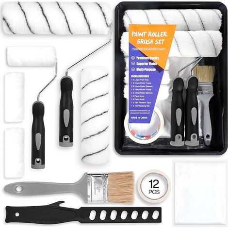 12 Kit Rouleau Peinture, Kit Peinture Mur et Plafond, Rouleaux de Peinture, Ruban de Masquage, Bac à Peinture, Manchons de Rouleau, Pinceaux Peinture pour Décoration de Mur et Plafond (1/5)