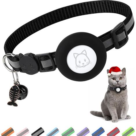 Collier réfléchissant pour chat en forme d'arête de poisson - Positionnement avec manchon en silicone Airtag（Noir）