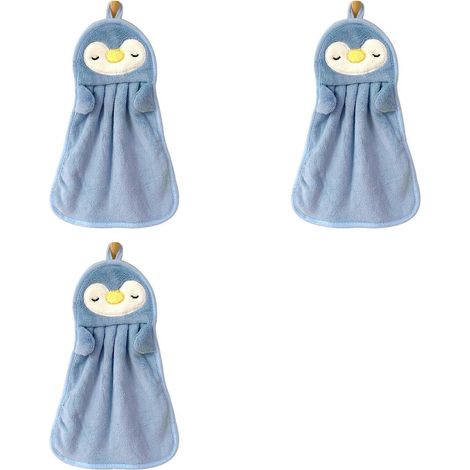Lot de 3 serviettes de toilette absorbantes à suspendre pour bébé, motif pingouin et canard mignon, douces et hypoallergéniques, bleues. (1/3)