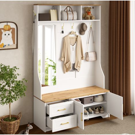Armadio guardaroba ingresso 120x40x187 cm bianco e legno in MDF con LED, specchio, ganci, cassetti e seduta (1/5)