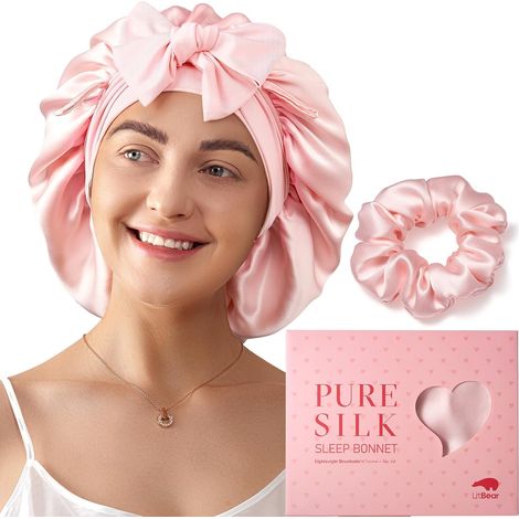 Bonnet de Nuit en Soie Mûrier pour Femmes, 6A 22 Momme, Grand Cache-Cheveux à Double Couche avec Bande à Nouer, Turban Antidérapant, Chouchou Inclus (1/5)