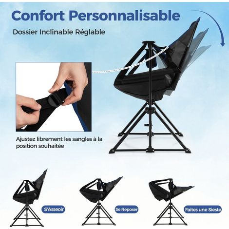 Chaise de camping noire avec dossier et appuie-tête réglables, repose-pieds amovible et porte-gobelet pour pêche (1/5)