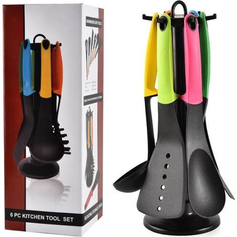 Ustensiles de Cuisine en Nylon Antiadhérant - Lot de 6 avec Porte Couverts Rotatif-Ywey (1/4)