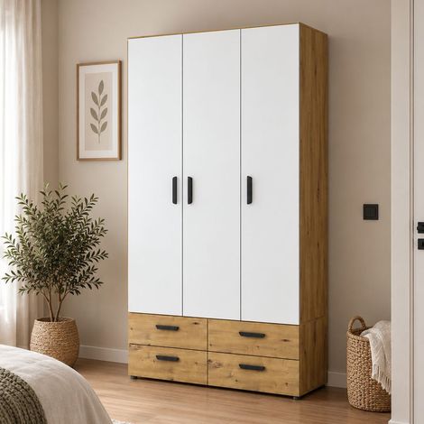 Armario 3 Puertas Randazzo, Ropero Dormitorio con Barra para Colgar, 4 Cajones, 4 Estantes, 111x52 cm Marrón Roble (1/5)