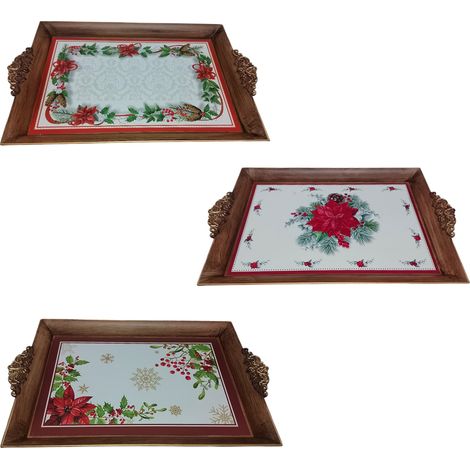 Vassoio Natalizio  con Manici con decorazioni Stelle di Natale Rosse  26x36 cm Elegante Stile Barocco  in plastica Rettangolare  natalizio idea  regalo