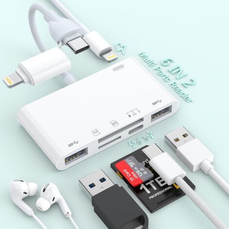 SD-Kartenleser für iPhone & iPad — 8-in-1 Lightning-auf-USB-Adapter mit SD/TF-Kartensteckplätzen, Typ-C-Audio-Adapter und PD 60W Lightning-Ladefunktion — Dual-USB-OTG-Speicherkartenleser für iPhone 15