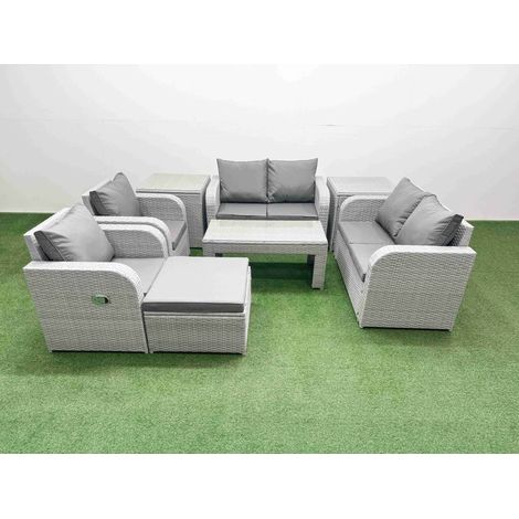 Fimous 7 Seater Outdoor Reclining Chair Love Sofa Set Rattan Garden Furniture Set with Oblong Coffee Table Footstool 2 Side Tables Light Grey (1/4)