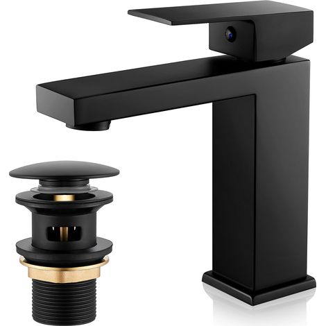 Mitigeur Lavabo Noir, Robinet Cascade Salle de Bain, Mitigeur Lavabo Monocommande avec Bonde de Lavabo Pop-up, Moderne Robinetterie Noir, G 3/8
