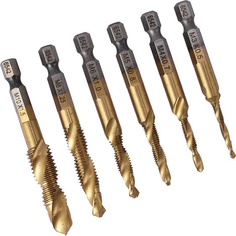 Kit de 6 forets et tarauds combinés métriques robustes en acier rapide plaqué titane, M3 M4 M5 M6 M8 M10 (1/5)