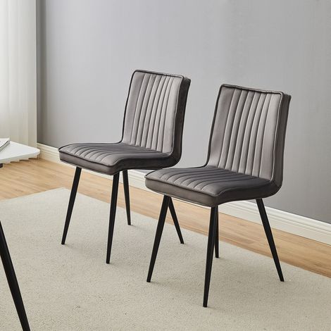 Dining Chairs 2x Velvet Kitchen Dining Chairs Upholstered Seat with Black Metal Legs Grey (1/5)