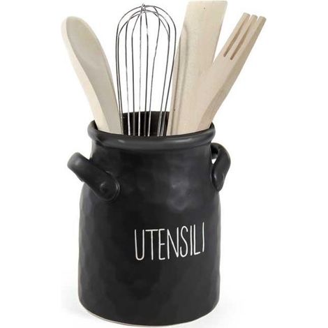PORTA UTENSILI, POSATE MODELLO ONDULATO MATTE NERO CON SCRITTA "UTENSILI" MINIMALISTA 16 X 17 CM