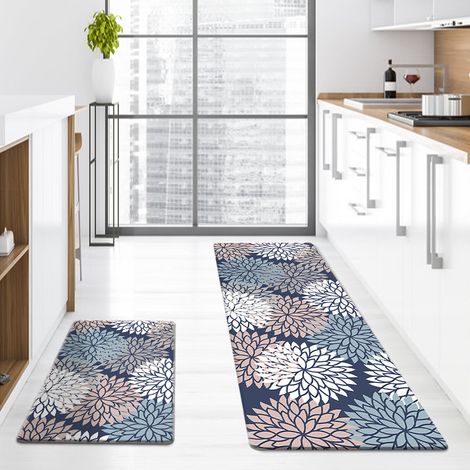 New style kitchen long strip mat, non-slip, oil-proof, stain-resistant, and easy to clean suitable for entryways, front doors, and bathrooms - floral blue background - 40601.0cm