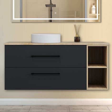 Aica Ensemble meuble de Salle de Bain Suspendu 120cm avec Vasque, 2 Tiroirs + Rangements Ouverts + Vasque céramique, Chêne + Anthracite