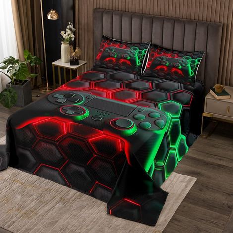 Console de Jeux Dessus de Lit 260x240 pour Garçons Et Filles Enfants Espace Univers Jeux Couvre-Lit Jeux Vidéo Couverture de Lit Salle de Jeux Décor Literie Rouge Vert Géométrique Nid d'abeille Lit -  (1/5)
