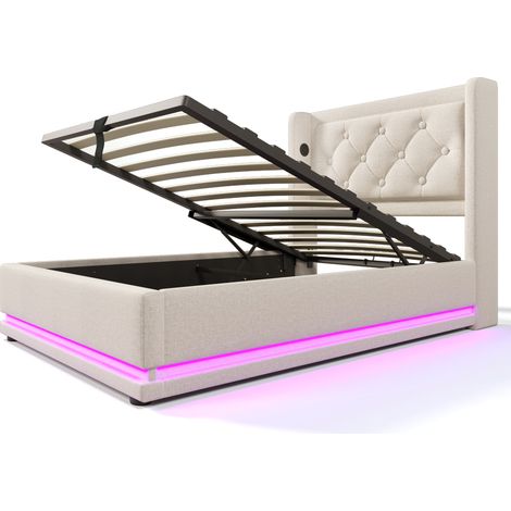Letto contenitore 90 x 200 cm beige in cotone, testiera capitonné, LED, USB-C (1/5)