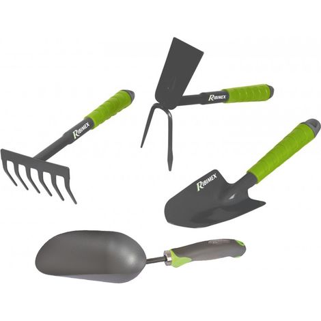 Lot 4 outils de jardinage, Pelle à terreau, serfouette, rateau, transplantoir pour fleurs