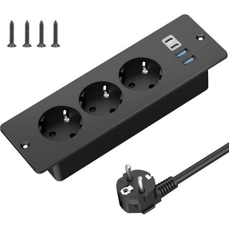 Prise Encastrable de Table avec 2 USB-A et 2 Type-C, Multiprise Intégrée 3 Prises avec Câble 2m, Prise de Table, Multiprise pour Meuble ou Plan de Travail, Noir (1/5)