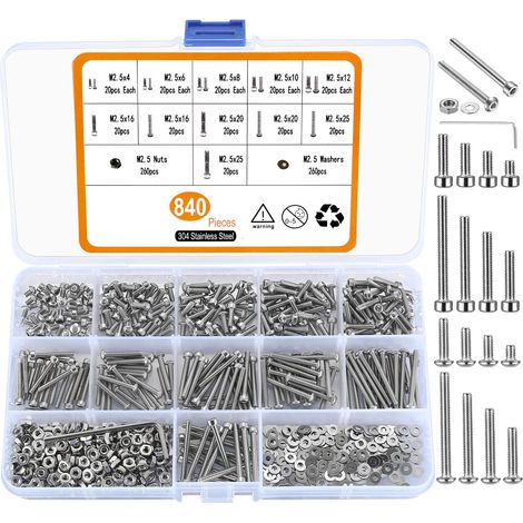840 vis inox M2,5 tête hexagonale, kit avec écrous et rondelles Visserie métrique robuste, idéale pour montage, réparation et projets DIY (1/5)