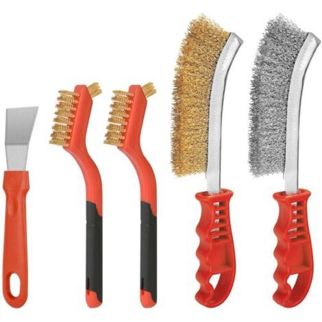 BUNTHAUS Brosse métallique, Lot de 4 Brosses Métalliques en Acier Inoxydable et Cuivre avec 1 Grattoir, pour Nettoyage de Soudure Slag Décapage Rouille Contre Poussière (1/5)