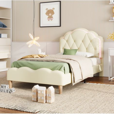 Cama infantil tapizada 90/200 cm beige de PU con cabecero ondulado y LED multicolor (1/5)