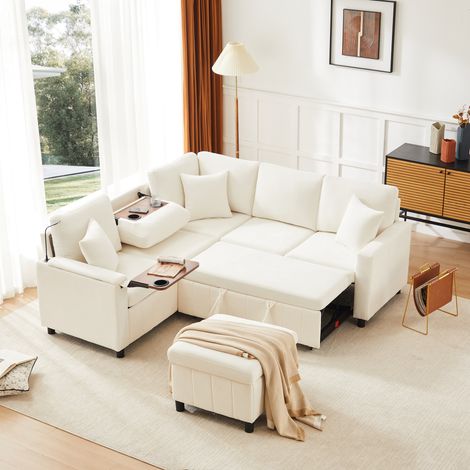 DESMIU Canapé d'angle convertible avec fonction lit, tablette rabattable, lampe, USB et Type-C, en Chenille, Beige (1/5)