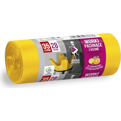 Sacs poubelle avec anses 35 l Fort  28 pièces  Parfum agrumes  Sacs poubelle pour les déchets ménagers Bureau en film HDLD Fabriqué en film HDLD jaune (1/5)