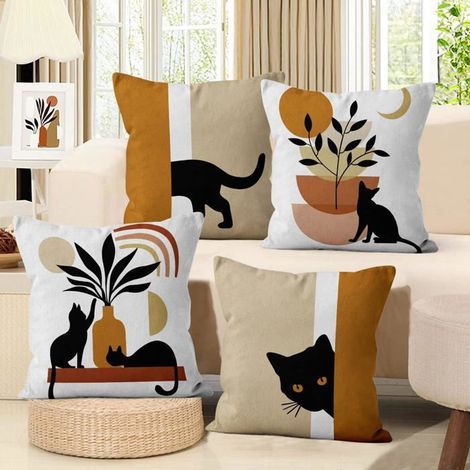 Boho cushion cover set of 4, 45x45cm, abstract pattern with black cat, plants, sun, and moon in minimalist modern art style.