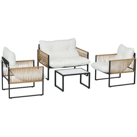 Ensemble de jardin 4 pièces comprenant un canapé 2 places, 2 fauteuils et 1 table basse avec plateau en verre trempé et 3 coussins - couleur crème