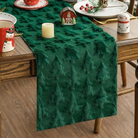 Weicher Tischläufer aus Samt und Kunstfell in Tannengrün für Weihnachten, Tischdekoration für Winter, Küche, Partys, Feiertage, 33 x 230 cm (1/5)