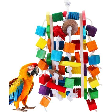 Large Bird Parrot Toys, Colorful Wooden Blocks of Different Shapes, 22 Inch Natural Wooden Block Parrot Toys for African Greys, Amazons, Cockatoos and Macaws