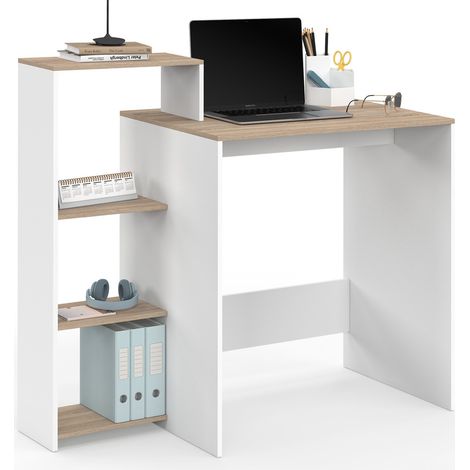 Schreibtisch mit modularen Seitenregalen LILIAN Holz in Buchenholzoptik und Weiß