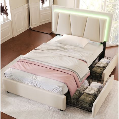 Polsterbett 90/200 cm beige aus Holz mit LED-Beleuchtung und 2 Schubladen (1/5)