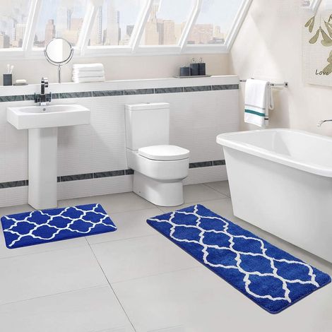 Flannel bathroom mat with geometric wreath flower pattern, kitchen mat, bedroom mat, non-slip mat, 2-piece toilet mat (royal blue) (1/5)