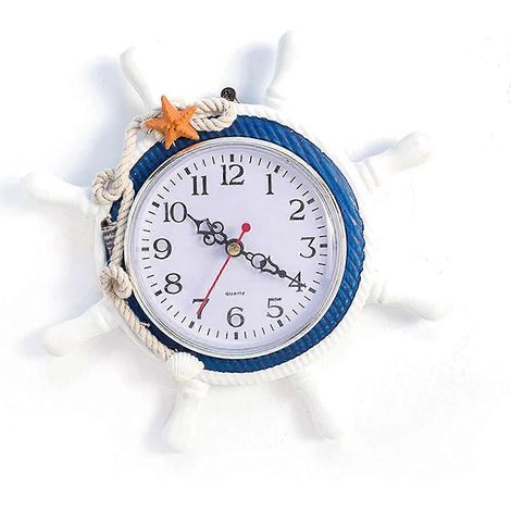 Horloge murale d'intérieur/extérieur, style méditerranéen, en bois, avec gouvernail et motif océan, horloge de plage décorative pour bateau (blanche) (1/5)